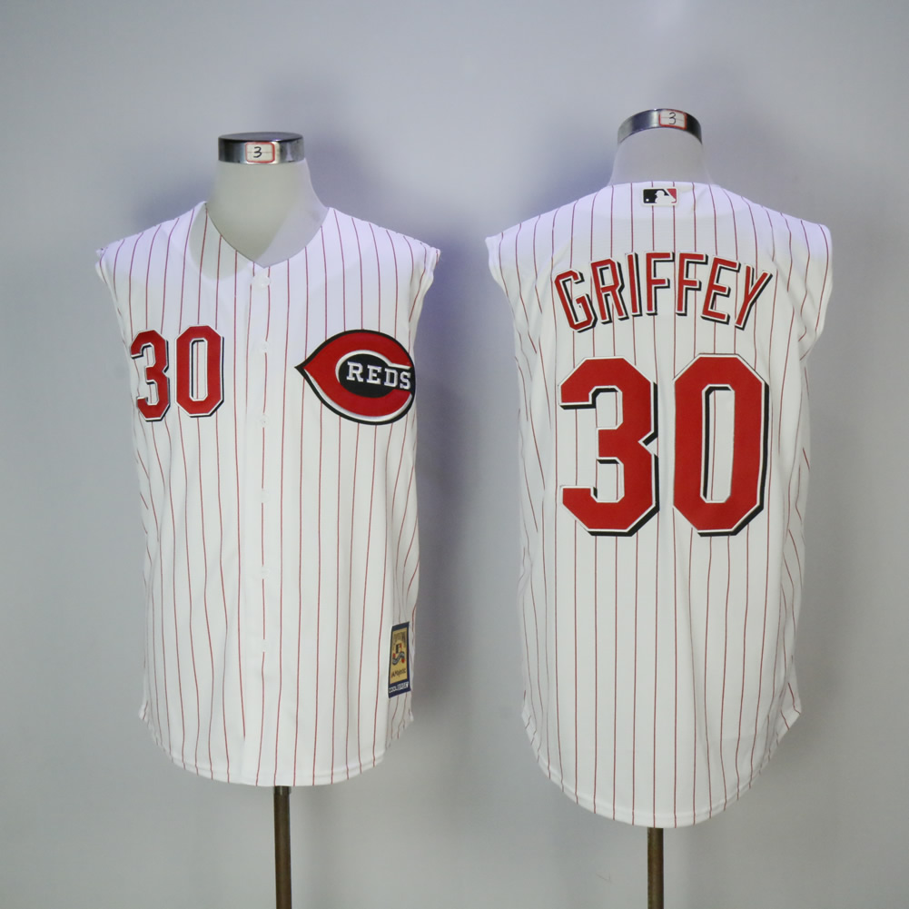 Men MLB Cincinnati Reds 30 Griffey white red strips jerseys